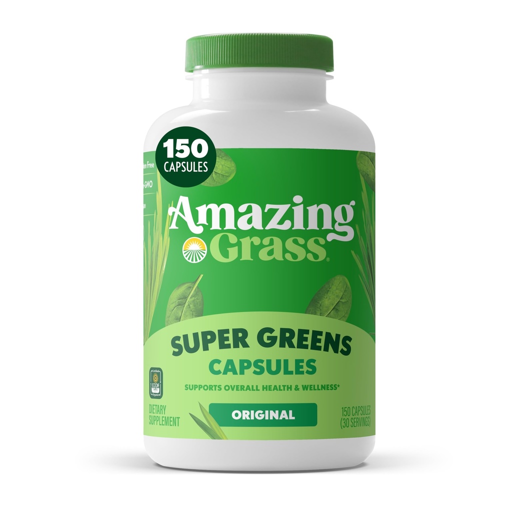 Amazing zieleń trawa miesza Superfood Kapsułki: Super Zielone z Organic Spirulina, Chlorella, Burak Root Proszek, Enzymy i probiotyki, 150 Kapsułki (Packaging May Vary)