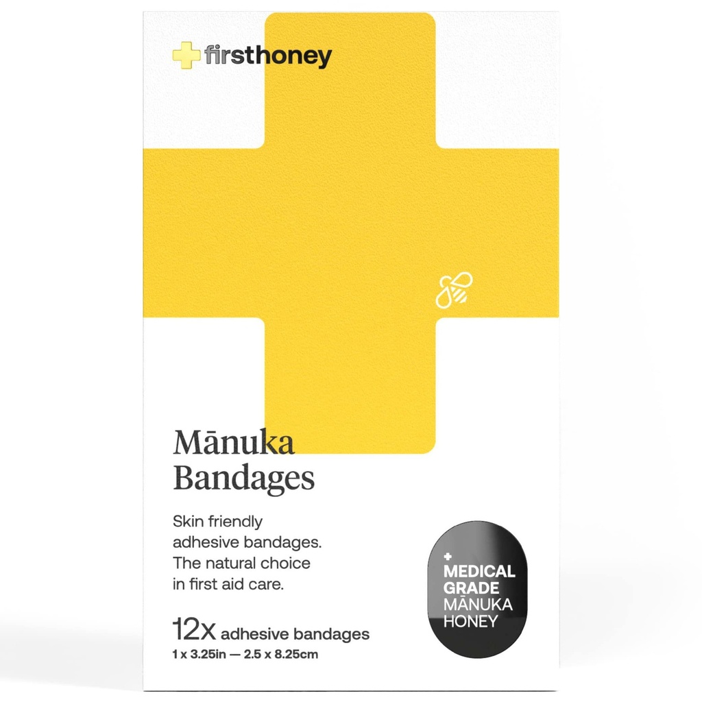 Pierwszy Miód Manuka Miód Adhesive Bandaże 12 Pack 124; Lateks Free, Antybiotyczne Free Rana Dressing 124; Medyczny stopień Miód Adhesive Pads 124; Pierwsza pomoc Pielęgnacja, Cięcia, Scrapes, Rany, Lacerations