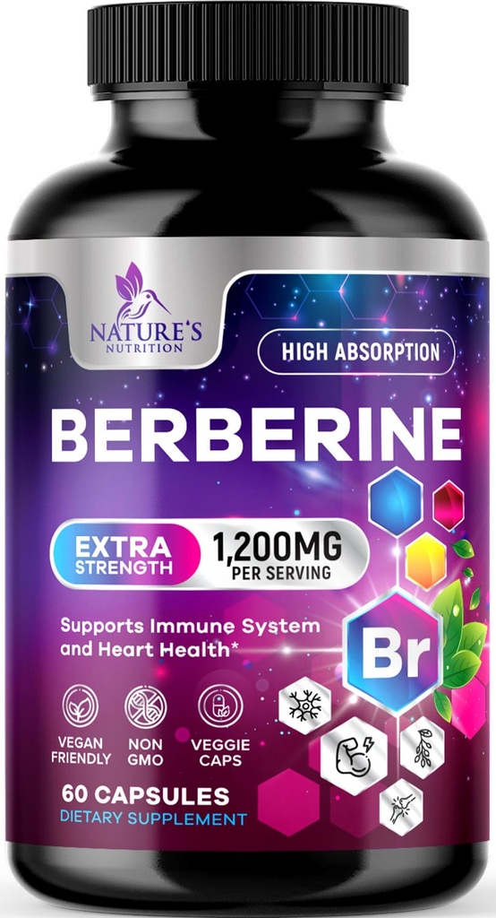Berberine HCL 1200mg Suplement - Berberine HCI Kapsułki Wysoka Absorpcja Suplement do Zdrowia Serca & Wsparcie immunologiczne, Wysoka Siła, Bez glutenu, Wegańskie, Nie-GMO Tabletki - 60 Kapsułki