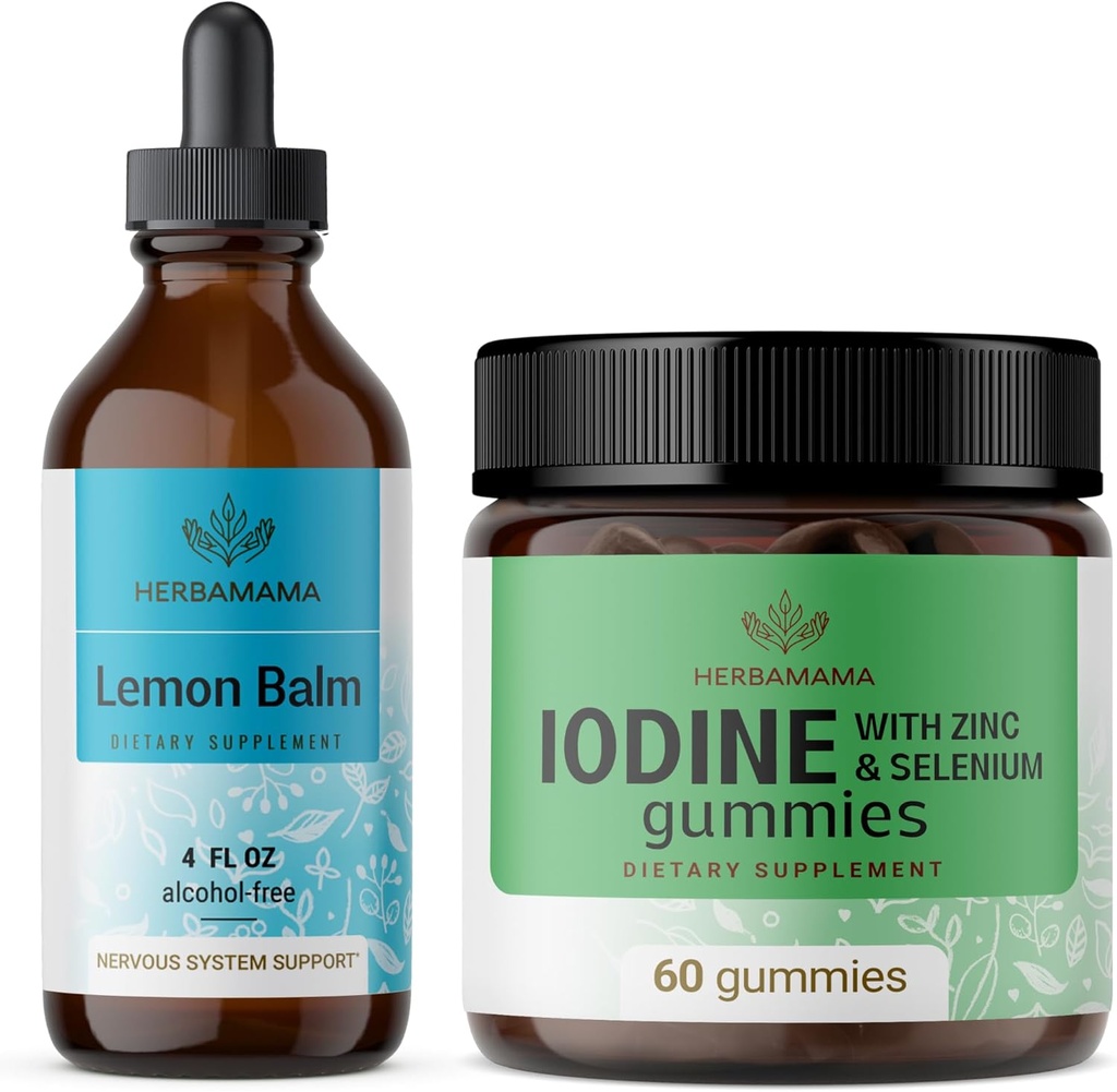 HERBAMAMA Lemon Balm and Iodine Kit - Bundle of Lemon Balm Tincture 4 fl oz & Potasu Jod Gummies - Vegan, Non-GMO, Alkohol & Żelatyna - Wolny od - 2 Pack