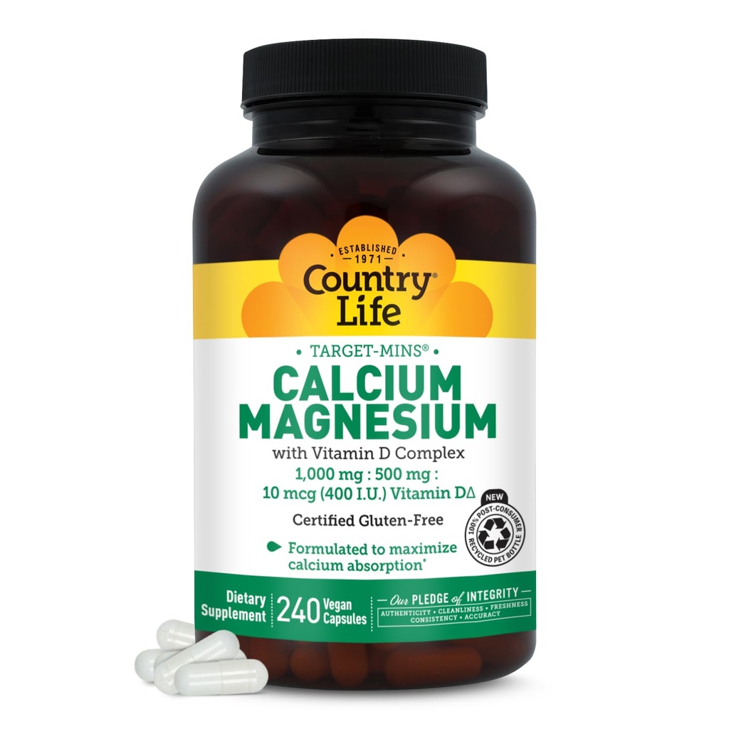 Country Life Target- Mins Wapnia Magnez z witaminą D- Complex, 1000mg / 500mg / 10mcg, 240 Kapsułki wegańskie, Certified gluten Free, Certified Vegan, Verified Non-GMO Verified