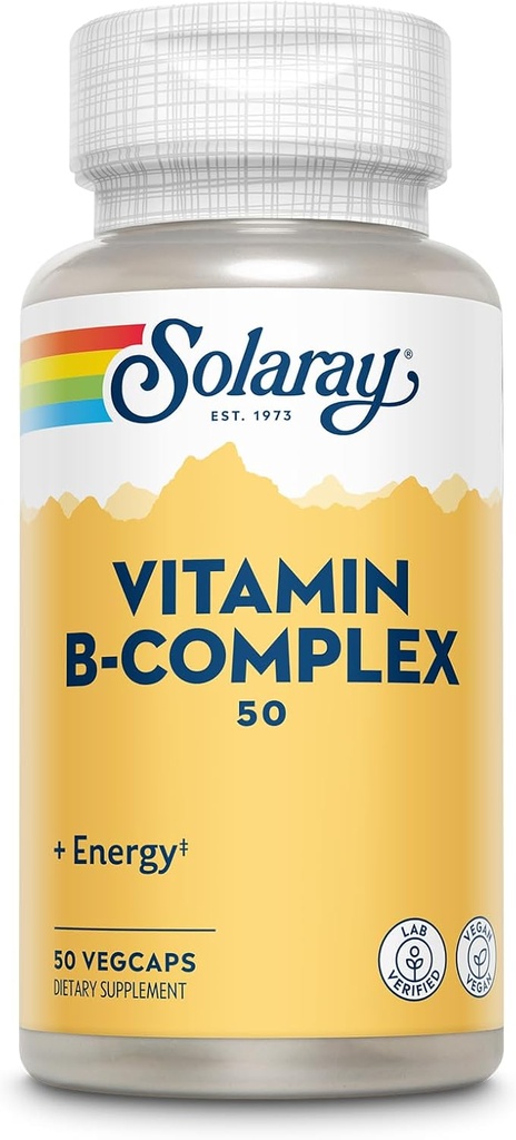 SOLARAY Vitamin B Complex 50 mg - Cellular Energy Vitamins - Metabolism and Nerve Health Support with Vitamin B12, Vitamin B1, B6, Niacin, Folic Acid, Biotin and Other B Vitamins - Vegan, 50 VegCaps
