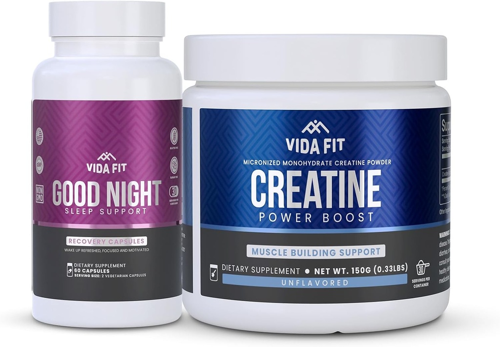 Good Night Natural Sleep Aid (60 Kapsułek) & Mikronizowany Monohydrat Creatine Powder (150g) Bundle - Natural Sleep Support with Melatonin, Ashwagandha & L- Theanine, Plus Pure Vegan Creatine for Enhance