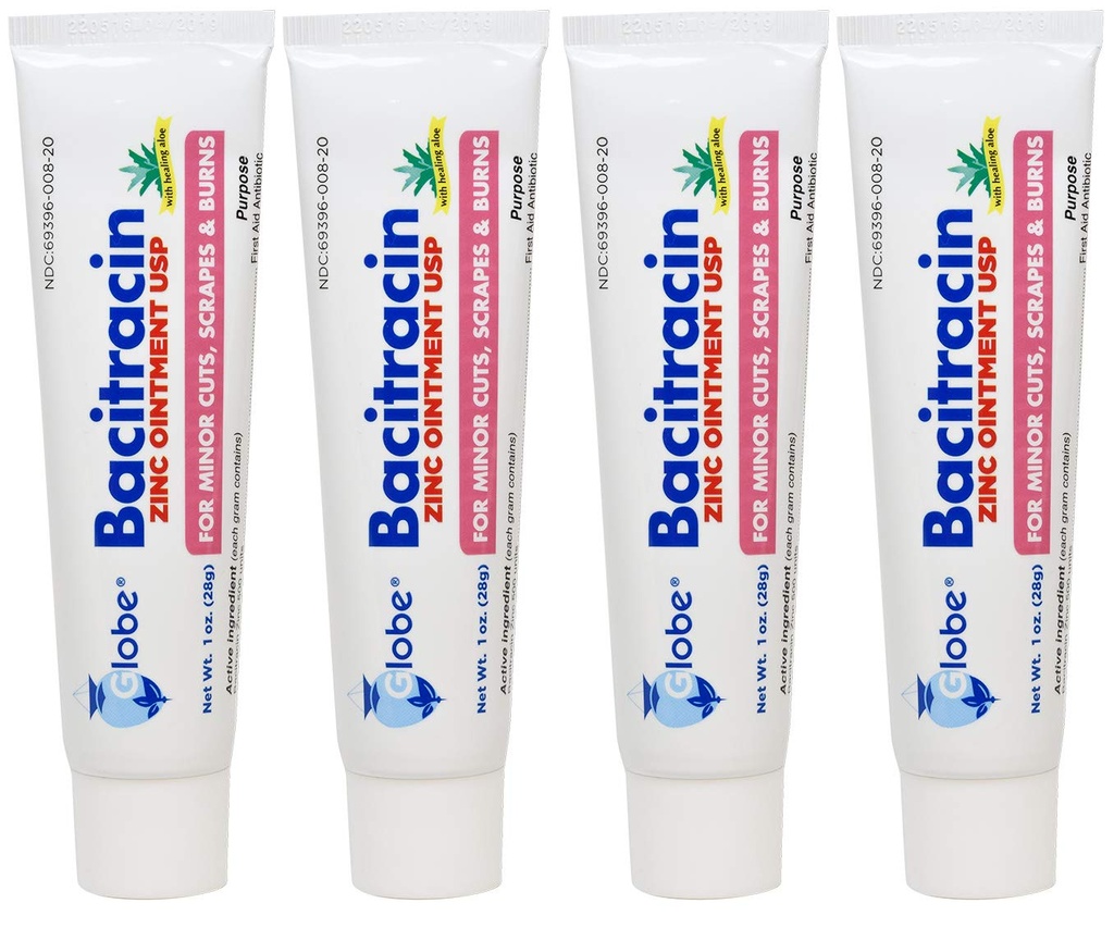(4 Pack) Globe Bacitracin Cynk Maść + Aloe 1oz, Ointment antybiotyczny, Esential Antibiotic First Aid Supplies, Healing Action, Maksymalna moc antybiotyczna, Zapobiega infekcji w cięciach, zadrapania, oparzenia