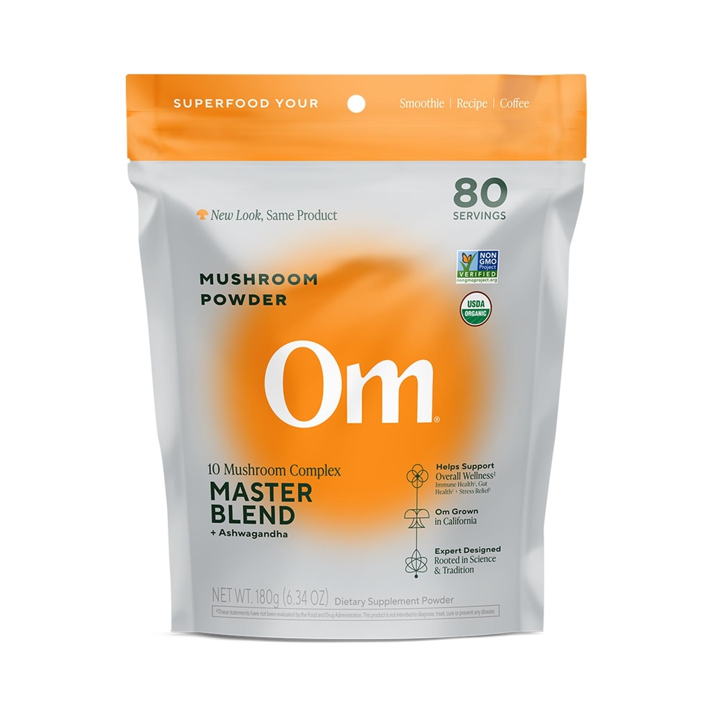 Grzyby OM Master Blend Mushroom Powder - Organic Mushroom Supplement z 10 Grzyby i Ashwagandha - Wsparcie odporności, Gut Health & Stress Relief, 6.34 oz (80 Służenia)