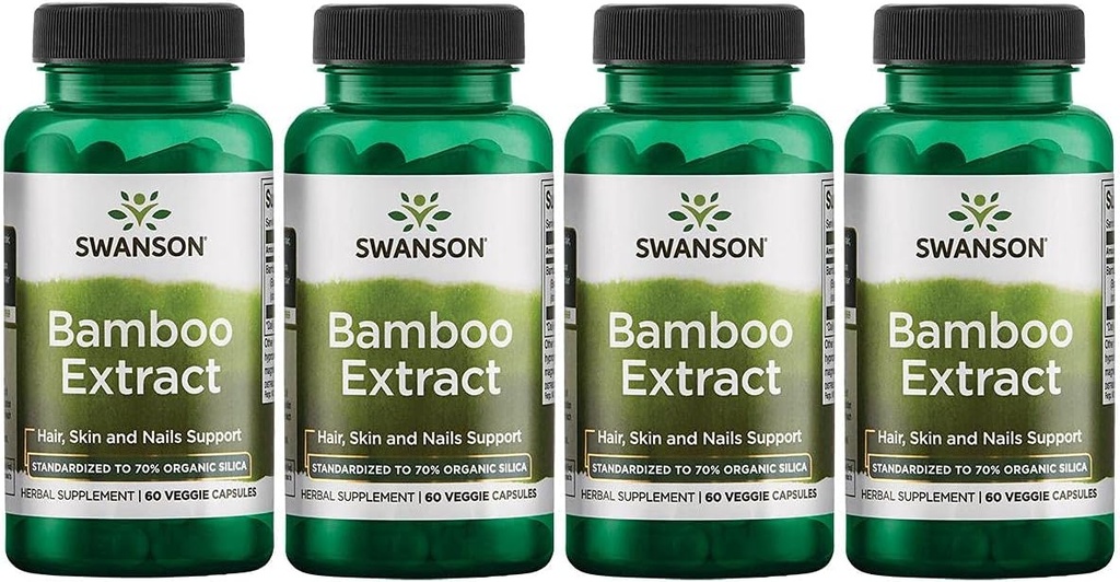 Ekstrakt z bambusa Swanson - Natural Hair, Skin and Nails Supplement - 70% Silica Content Support Collagen Formation & Bone Growth - (60 Kapsułek Veggie, 300mg Each) 4 opakowania
