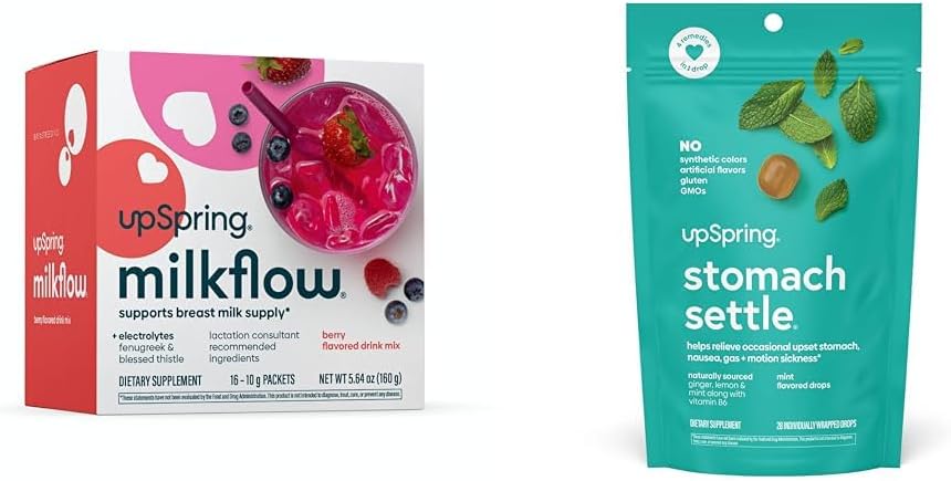 UpSpring Milkflow Electrolyte Breesting Supplement Drink Mix z kozieradką żołądkowe krople do sporadycznych Nudności Ulgi / Upset Stomach z Ginger, Lemon, Spearmint i B6.