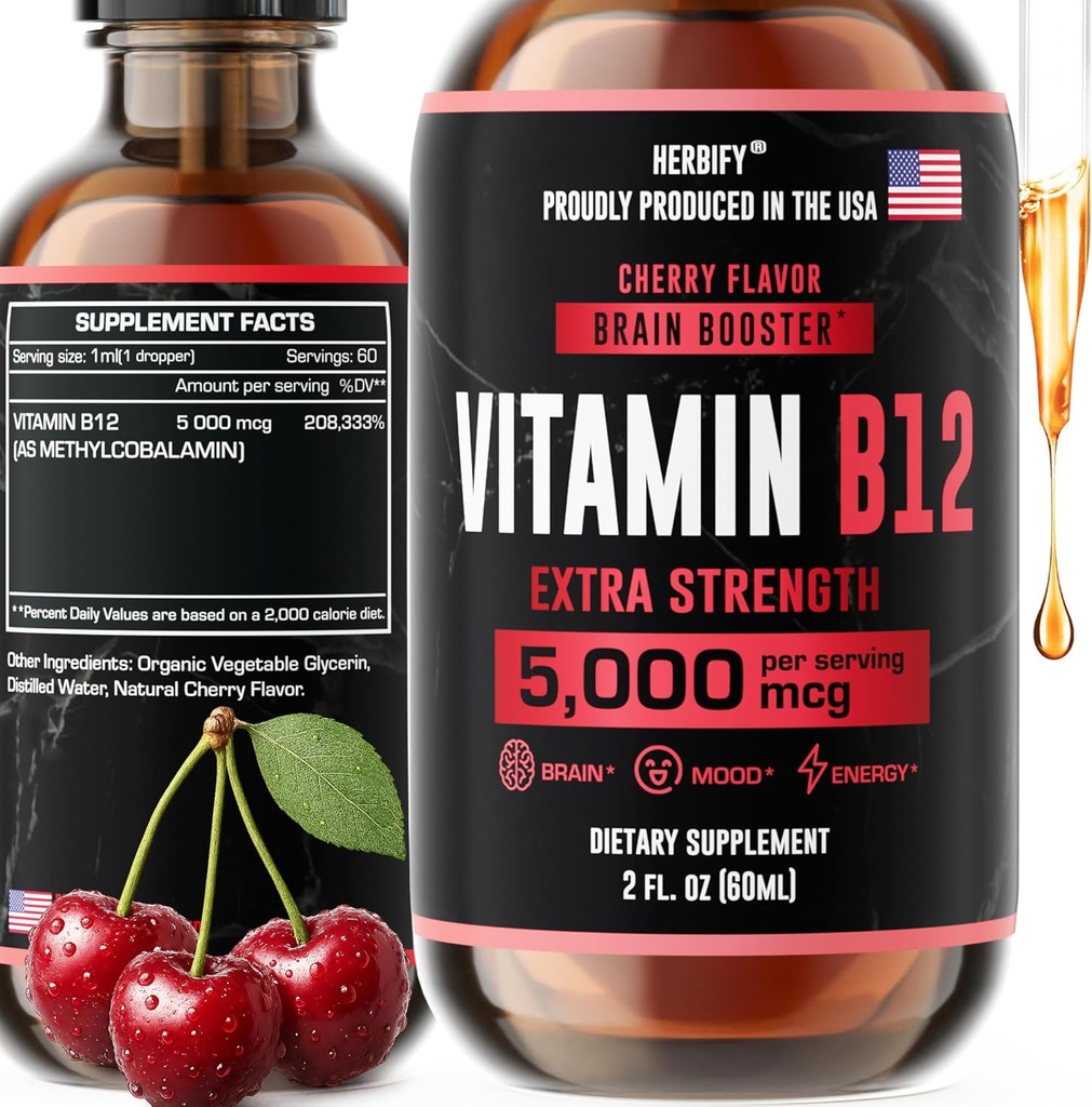 HERBIFY Witamina B12 Metylowana Multiwitamina Suplementy energetyczne dla kobiet i mężczyzn - Płynne B12 Witaminy 5000 Mcg Metylkobalamina - Wsparcie energetyczne i immunologiczne Zdrowie Płynna Witamina 2 Oz
