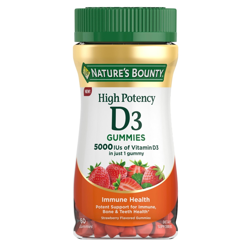 Nature 's Bounty Witamina D 5000 IU Gummies, Witamina D3 Wysoka potencja immunologiczna Wsparcie i suplement zdrowia kości, 5000 IU w 1 Gummy, Strawberry Flavor, 2 miesiące dostaw, 60 Gummies wegetariańskie dla dorosłych