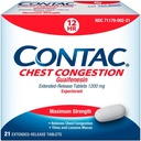 Contac Klatka piersiowa Zatory, Maksymalne zapotrzebowanie na siłę Kontrola Kaszel i cienki i luźne Mucus, Rozszerzone tabletki uwalniania, Guaifenesin 1200 mg, Rozszerzone tabletki uwalniania, 21 Liczba