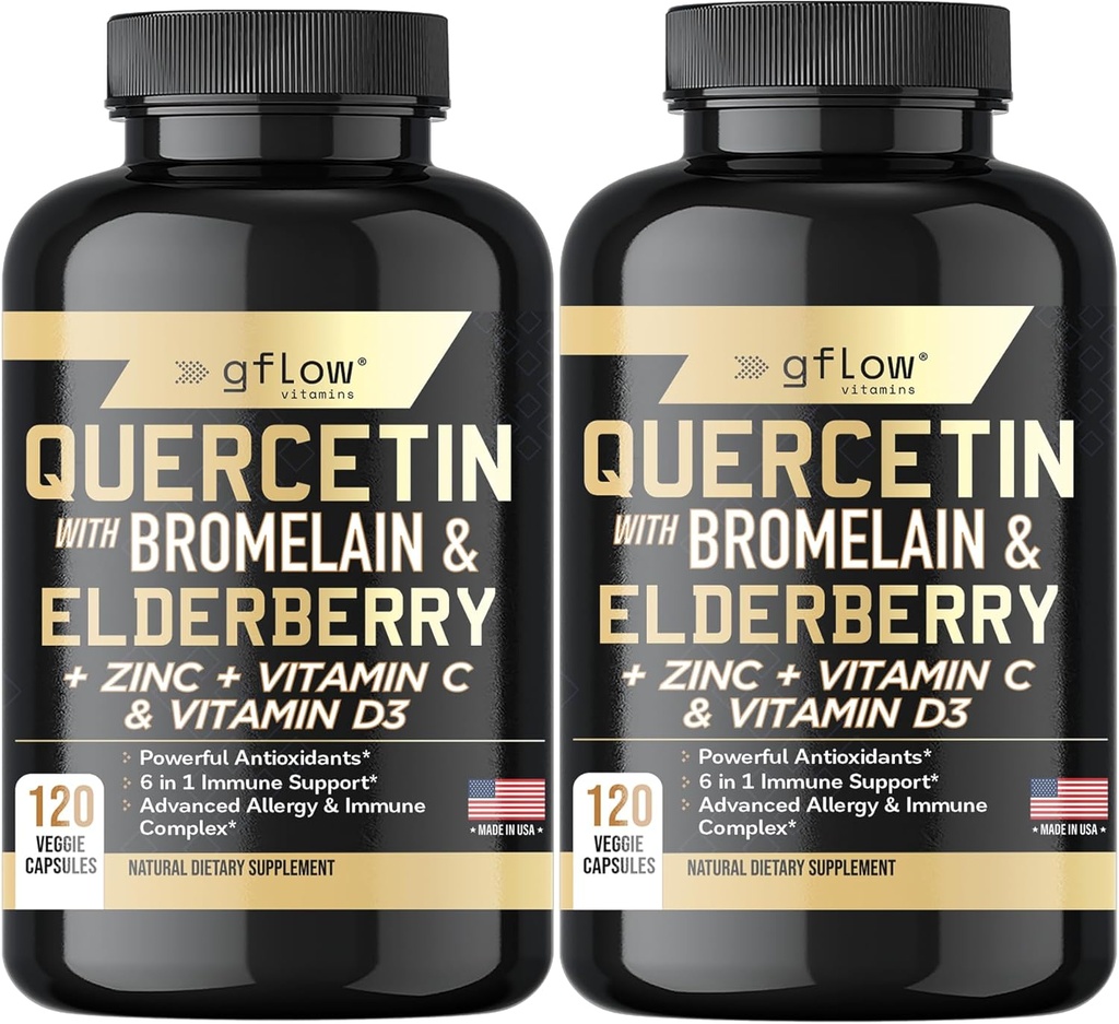 Quercetin z Bromelain Cynk Witamina C Witamina D Elderberry - 120 Kapsułki wegetariańskie, Non-GMO, Gluten- Free Gluten124; Suplement immunologiczny 124; Made in USA