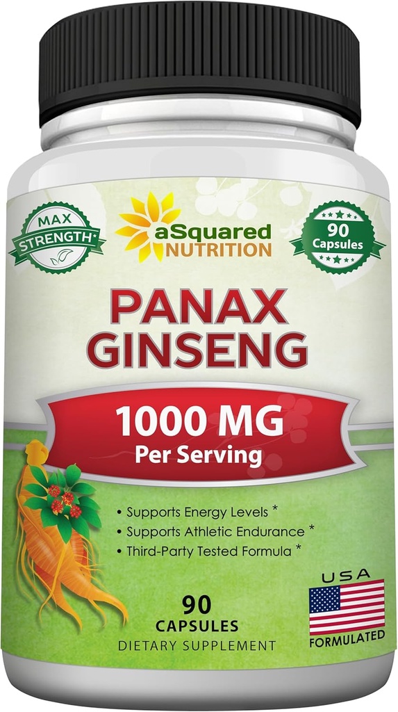 ASquared Nutrition Natural Koreański Panax Ginseng (1000mg Max Siła) -90 Kapsułki ekstrakt korzenny (czerwony i biały), Wysoka dawka żeńsnozydy w nasionach, Azjatycki dodatek do proszku, tabletki dla energii