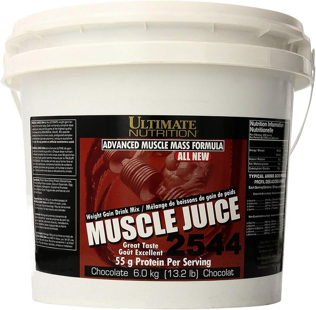 Ultimate Nutrition Muscle Juice, Weight Gain Drink Mix - Mass Gainer Workout Proszek dla mężczyzn i kobiet - Suplement do Lean Muscle Growth & Immune Support z 55 g białka - Czekolada, 13.2lb