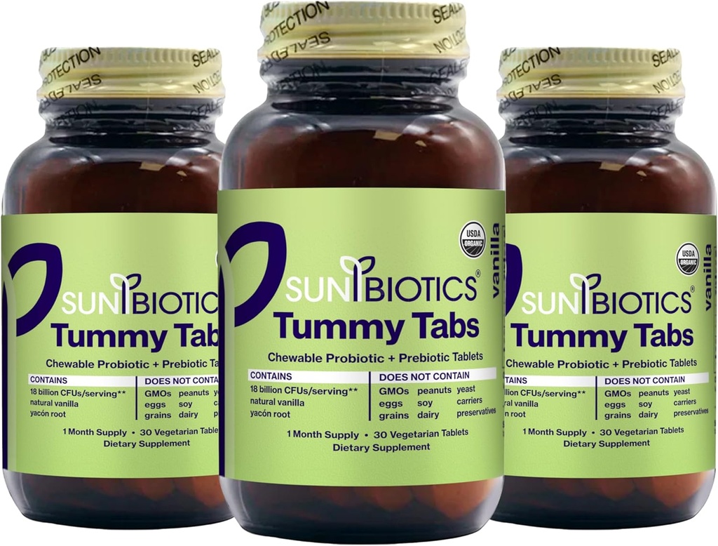 SUNBIOTICS Tummy Tabs - Probiotyczne tabletki do żucia i prebiotyczne tabletki z 18 Milionami CFU z 4 Probiotycznymi cieśninami dla dobrego Gut Flora, Immune System, & Balanced Microbiome - Vanilla, (Opakowanie 3)