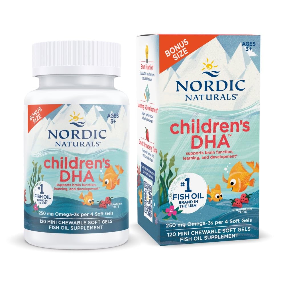 Nordic Naturals Children 's DHA, Truskawka - 120 Mini żele do żucia dla dzieci - 250 mg Omega-3 z EPA & DHA - Rozwój mózgu i funkcje - Non-GMO - 30 Służenie