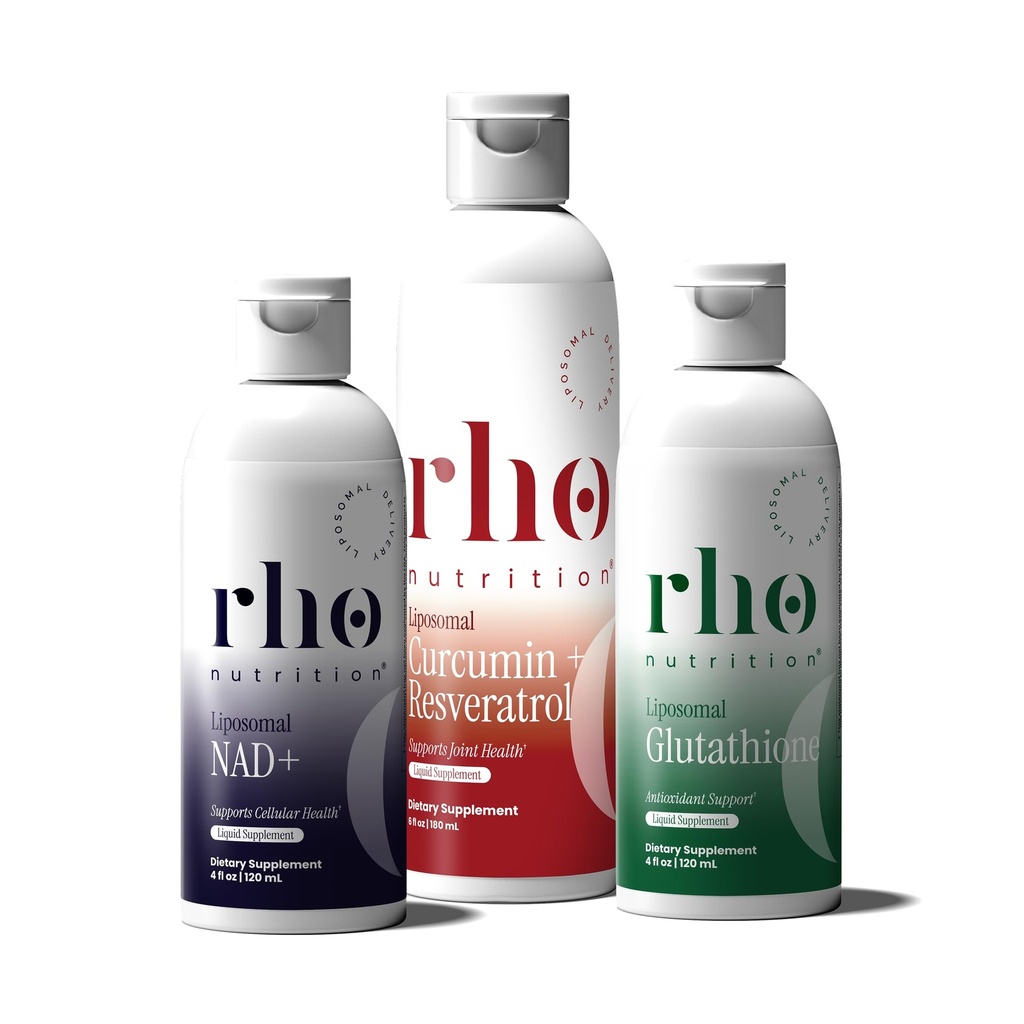 Rho Nutrition - Cellular Health Essentials Bundle - Płynne suplementy liposomalne dla zdrowego starzenia i wsparcia komórkowego - NAD +, Curcumin + Resveratrol, & Glutathione (3 Pack)