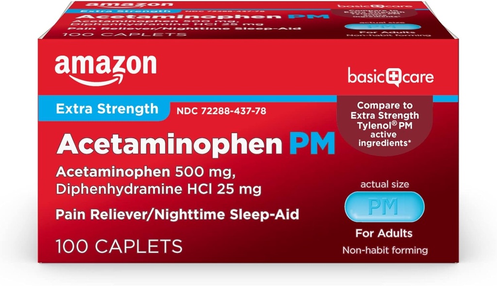 Basic Care Acetaminophen PM Caplets, Pain Reliever Plus Nighttime Sleep Aid, Dodatkowa siła, Pomaga Okazjonalnie Drobne Ache, Pains and Headache Relief, 100 Count, Opakowania mogą się różnić