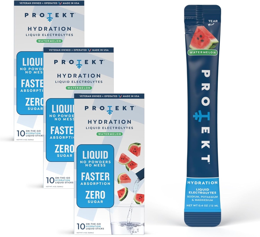 PROTEKT Electrolyte Pakiety do odzyskiwania i nawilżania 124; Organic & Sugar-Free Electrolytes Drinki do 124; Działa szybciej niż proszek Drink 124; On- The- - Płynny Napoje Nawodnienia 124; Arbuz, 30 Pack
