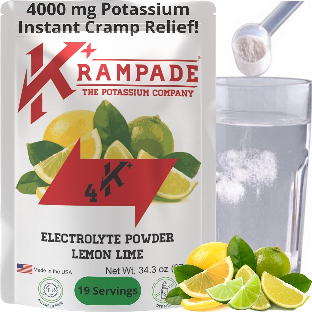 Krampade Original Lemon Lime 4K, 4000 mg Potasu Instant Cramp Relief Electrolyte Drink proszek 124; Zaprojektowany dla sportowców i Crampers Resealable Pouch