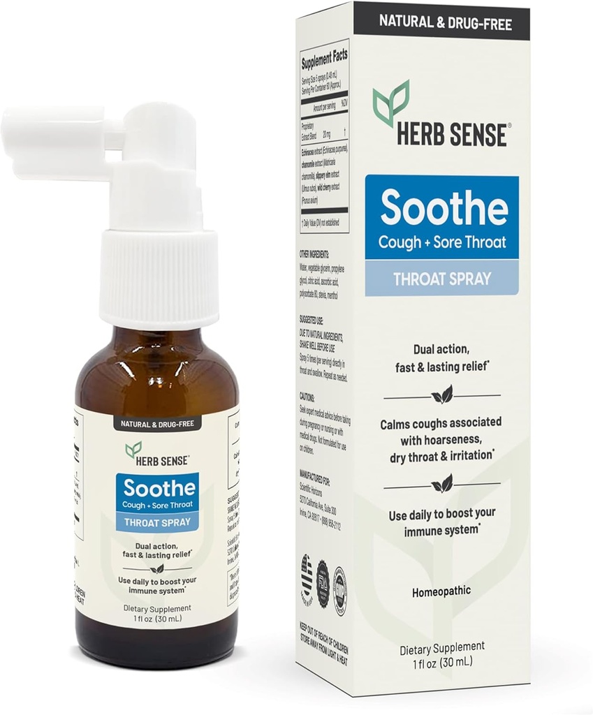 Herb Sense Throat Comfort Spray Agregat 124; Chłodzenie i Soothing z Slippery Elm, Echinacea & Rumianek Agregat 124; Ekstrakty naturalne (1 fl oz)
