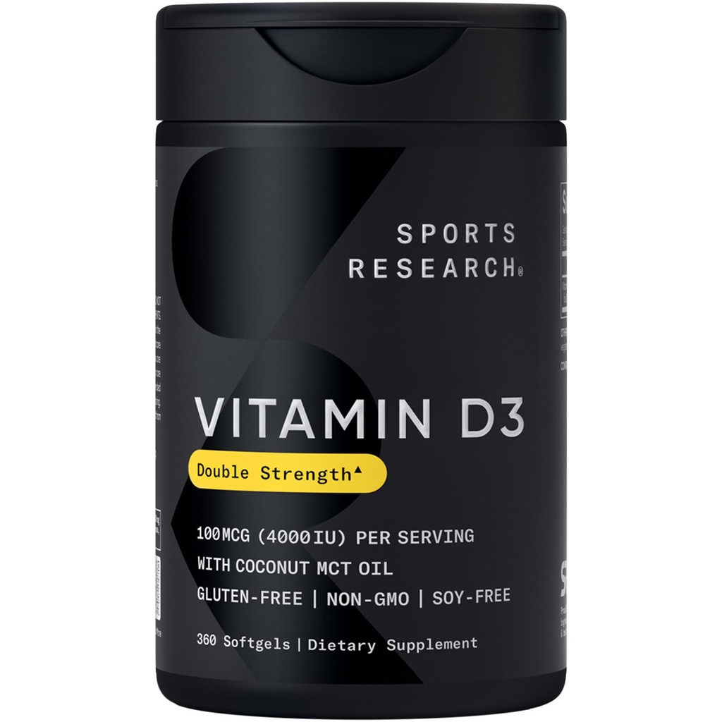 Sport Research ® Witamina D3 4000 IU z oleju kokosowego MCT - Podwójna moc witaminy D Suplement - Gluten Free · Non-GMO · Soy Free - 360 Hrabia Softgels