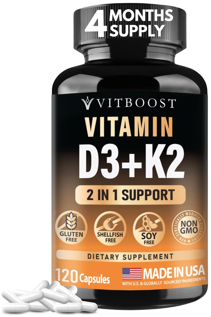VITBOOST Witamina D3 K2 Kompleks - Łatwa do połknięcia - Witamina D (D3) 5000 j.m. (125 µg) & K2 (MK- 7) 90 µg