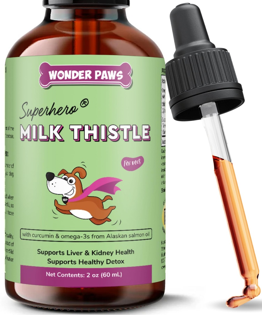 Wonder Paws Milk Thistle, Liver Support for Dogs, Wspomaga funkcję nerek dla zwierząt domowych, Detox, Wsparcie dla wątroby, z Wild Alaskan Salmon Oil & Curcumin, Omega 3 EPA & DHA (2 Oz)