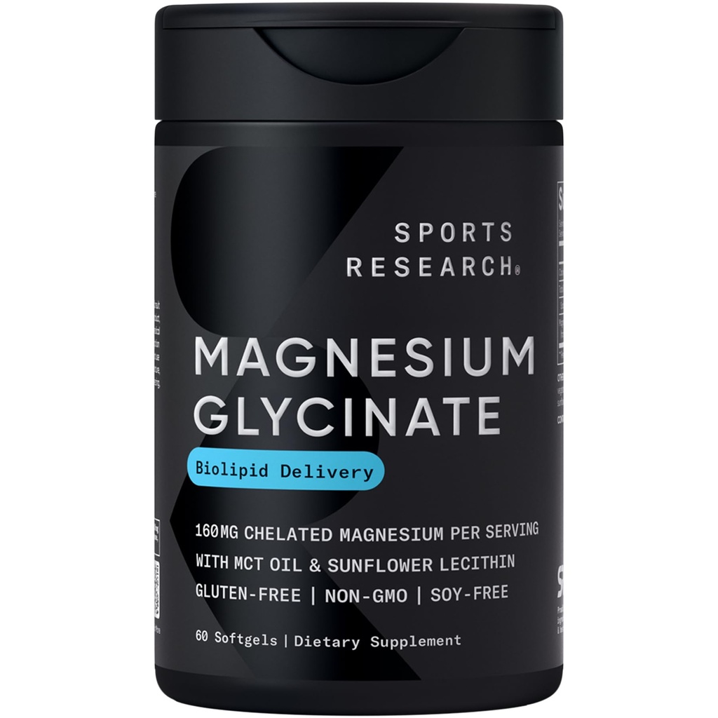Sports Research ® Magnezu Glycinate - Wspiera Resteful Sleep & Enzymatic Processes - 160 mg Chelated Magnezu - Liquid Softgel - 60 Count