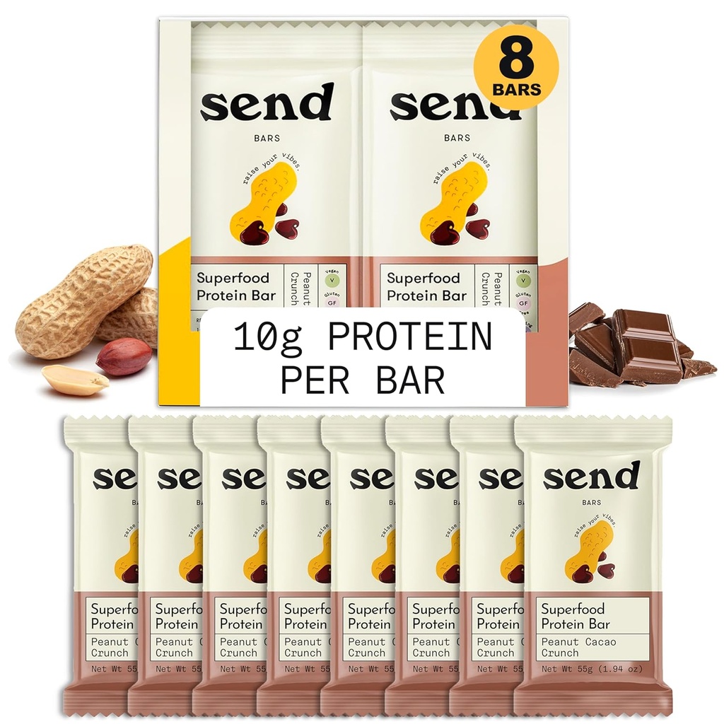 Wyślij Bars Plant-Based Wegan zdrowe proteiny bary, Z zieleni (Peanut Cacao Crunch, 8 Barów) - Tylko prawdziwe składniki, Zero dodawanego cukru, Gluten- Free, Dairy-Free
