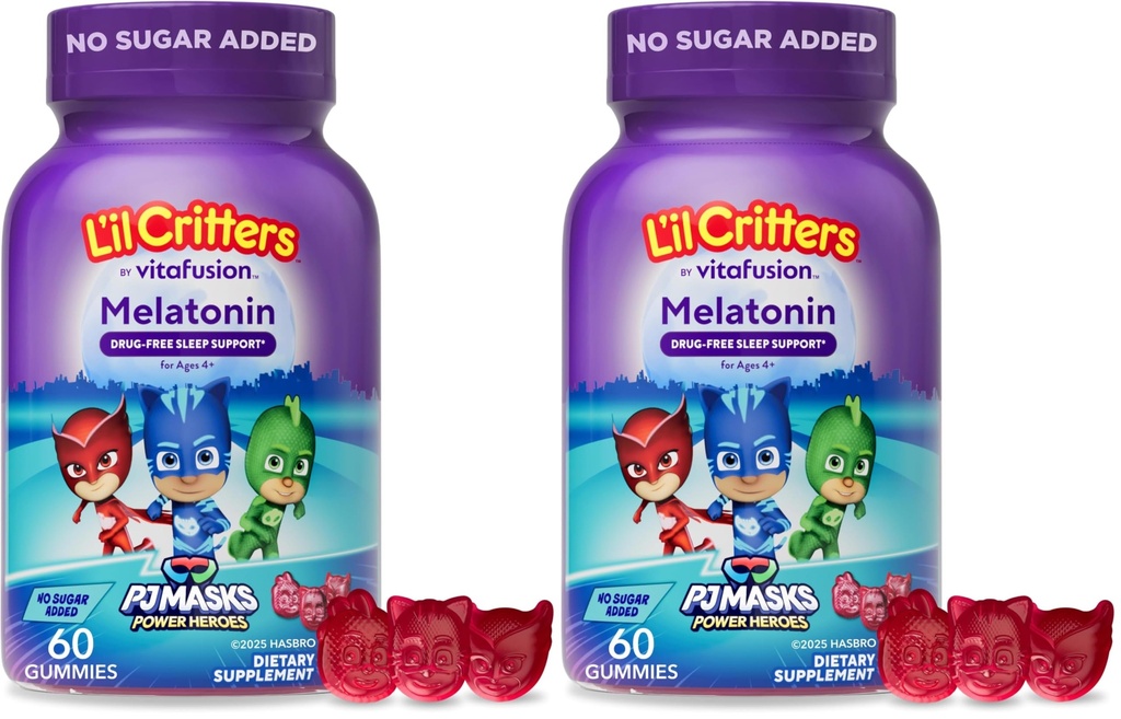 L 'il Critters PJ Maski Gummy Melatonin Suplement dla dzieci, Beznarkotykowe wsparcie snu, 60 Gummies (Opakowanie 2)