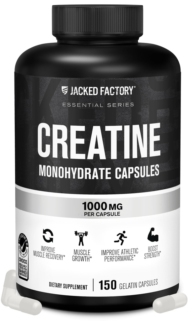 Jacked Factory Monohydrat Capsules - Pigułki na rozwój mięśni, Zwiększona siła, Zwiększona moc wyjściowa energii i poprawiona wydajność atletyczna - 150 Kapsułki