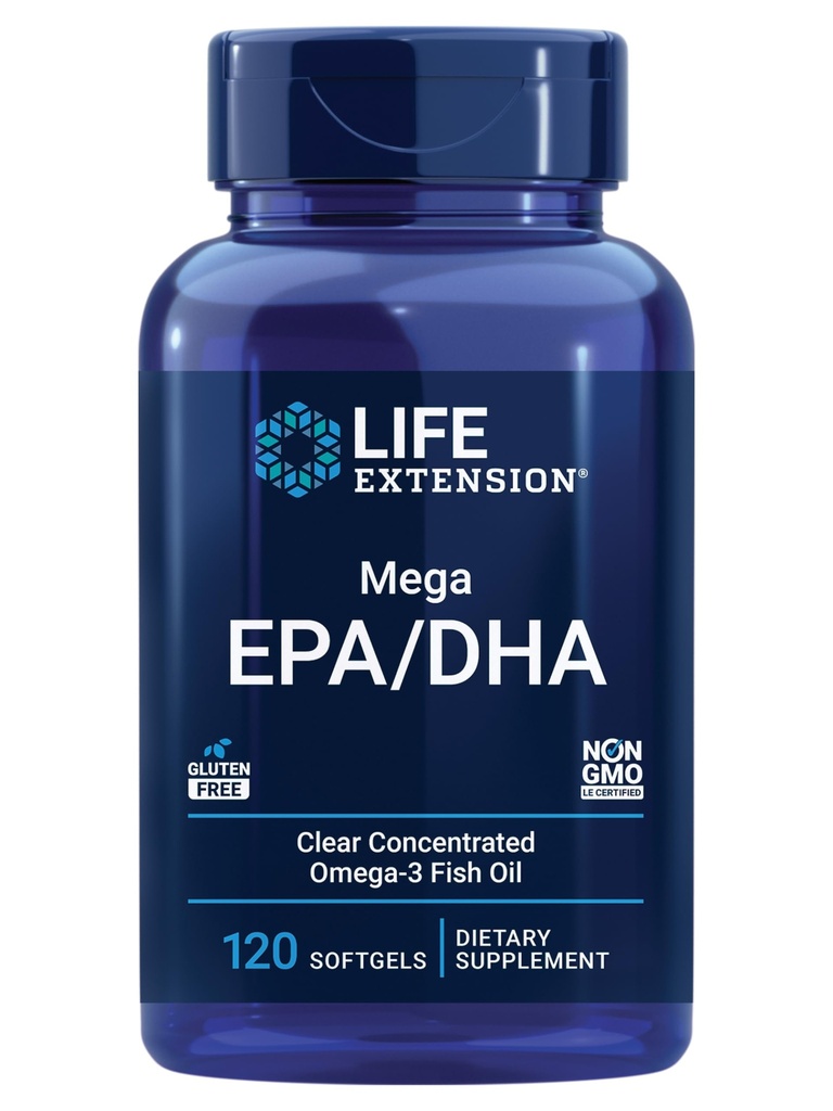 Life Extension Mega EPA / DHA, Omega-3 Kwasy tłuszczowe, Heart & Brain Health, Non-GMO, Gluten- Free, 120 softgels