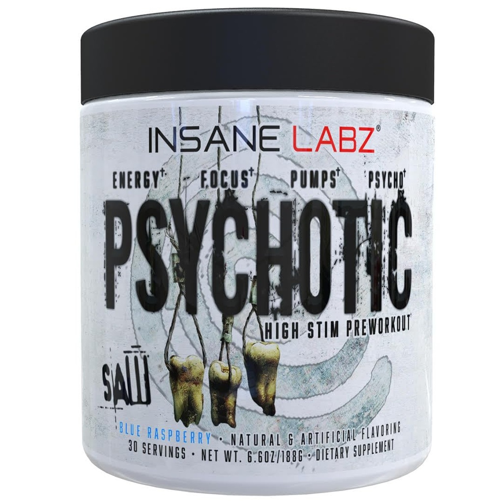 Szalony Labz Psychotic SAW, High Stim Pre Workout Powder z OxyGold SIM ™ i AMPiberry ®, Extreme Lasting Energy z Teacrine ®, Skup się z CognitIQ ® i Endurance (30 Sług (Pack of 1), Blue Malina)