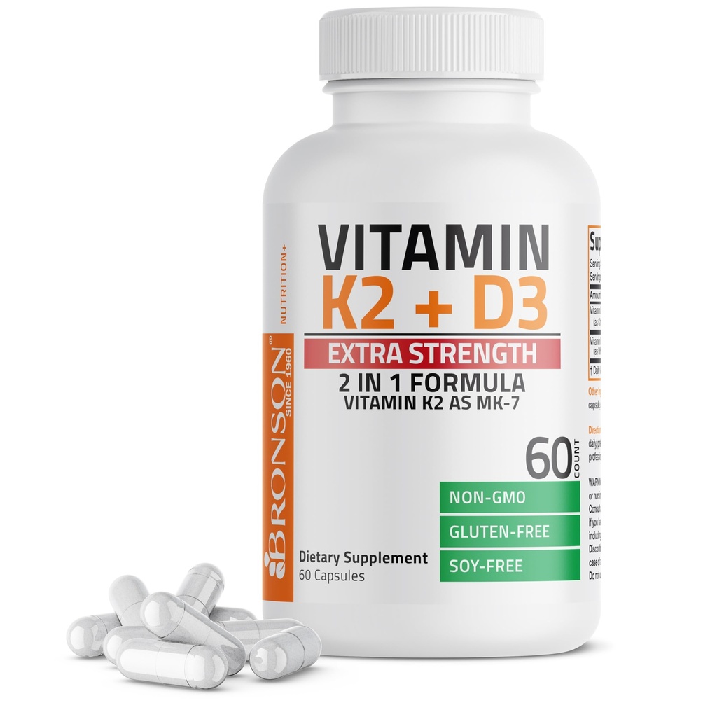 Bronson Vitamin K2 (MK7) with D3 Extra Strength Supplement Bone Health Non-GMO Formula 10,000 IU & 120 mcg MK-7 Easy to Swallow D K, 60 Capsules