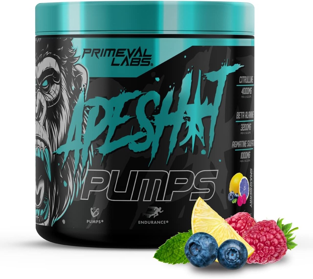 Primeval Labs Ape Pomps PreWorkout Powder for Men and Women 40 Serving, Smashberry Breath 124; Cafeline Free 124; Nitric Oxide Pump Pre Workout Energy Drink, Intensywne pompy, Siła, Beta Alaine, L Citruline