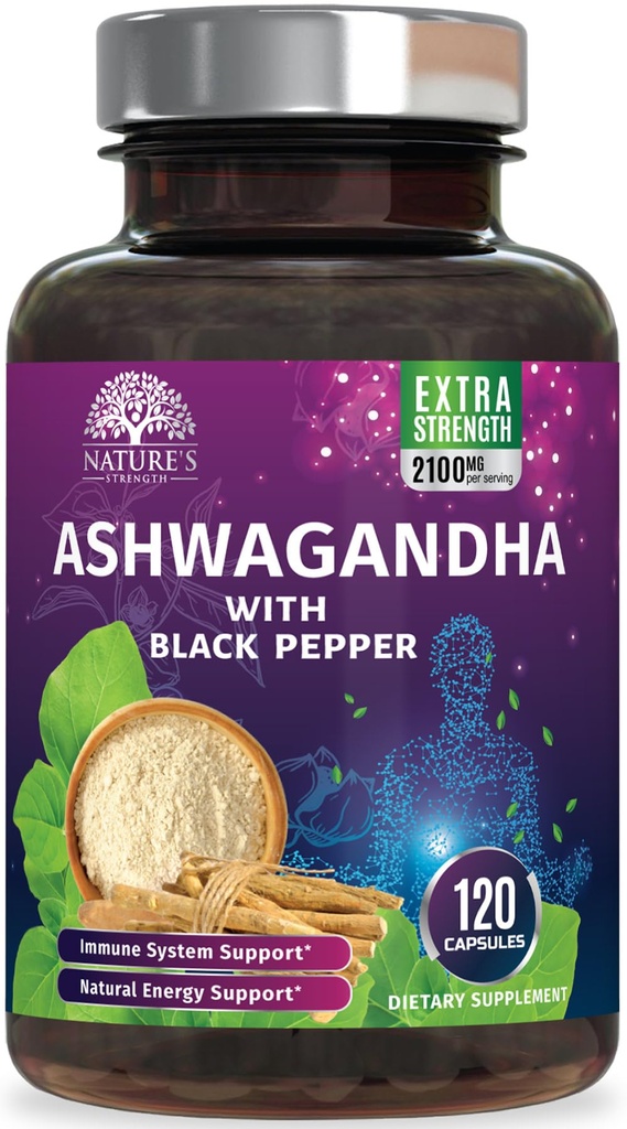Ashwagandha Suplementy 2100mg - Ekstrakt Aszwagandha Proszek i korzeń z czarnym pieprzem do Max Wchłanianie, Ziołowe suplementy przeciwutleniacze dla kobiet i mężczyzn, Wegan, Non-GMO - 120 Kapsułki