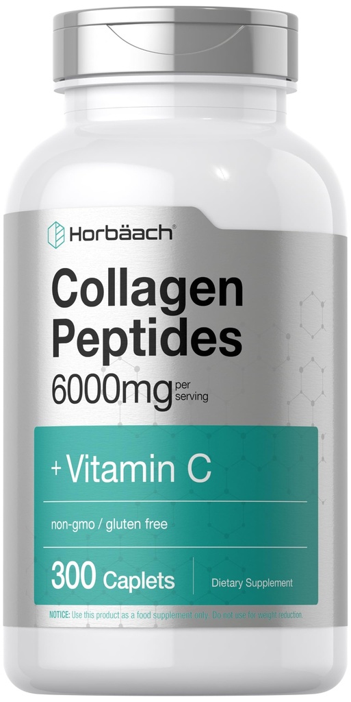 Horbäach Collagen Peptydes 6000mg Xiv124; 300 Caplet Pills Xiv124; z witaminą C Xivy124; Zhydrolizowane Colagen Supplement Xiv124; Non- GMO, Gluten Free