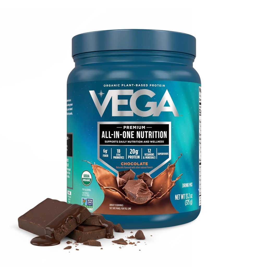 Vega Organic All- in- One Vegan Protein Powder, Czekolada - Superfood Składniki, Witaminy dla wspierania odporności, Keto Friendly, Pea Protein for Women & Men, 13.2 oz (Opakowania maja Vary)