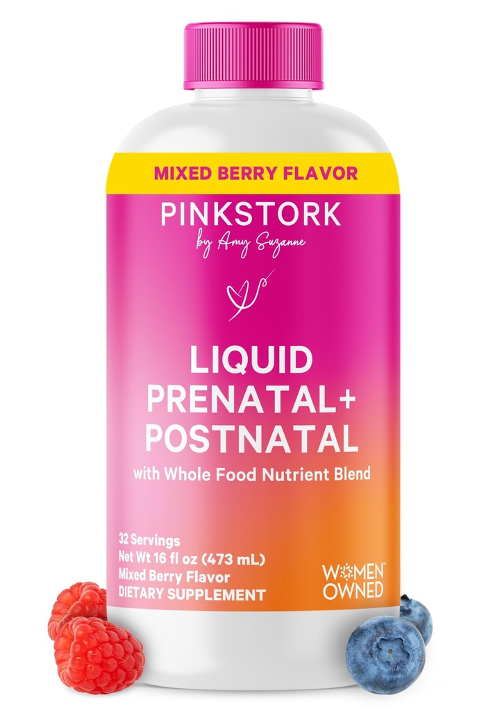 Pink Stork Liquid Prenatal Vitamins for Women - Berry Flavor Organic Food Blend - Fertility, Pregnancy, Postpartum Essentials - Morning Sickness Support - Breastfeeding & Lactation - 32 Servings