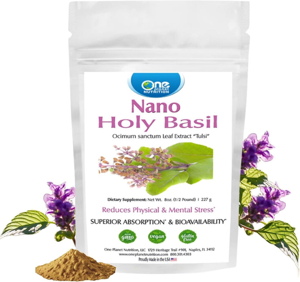 One Planet Nutrition Nano Holy Basil Proszek 8 oz (227 Sług), Tulsi, Nano dla zwiększonej absorpcji, Wspiera stres Relief & Wsparcie immunologiczne, Non-GMO, Wegan, Gluten Free