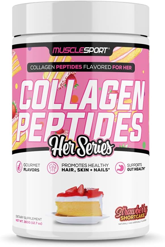Musclesport Collagen Peptydes - Zhydrolizowany Kolagen z trawy w proszku Suplement - Promotes Healthy Hair, Skóra, Nails, Łączniki - 30 Podawanie (Truskawkowe ciasto)