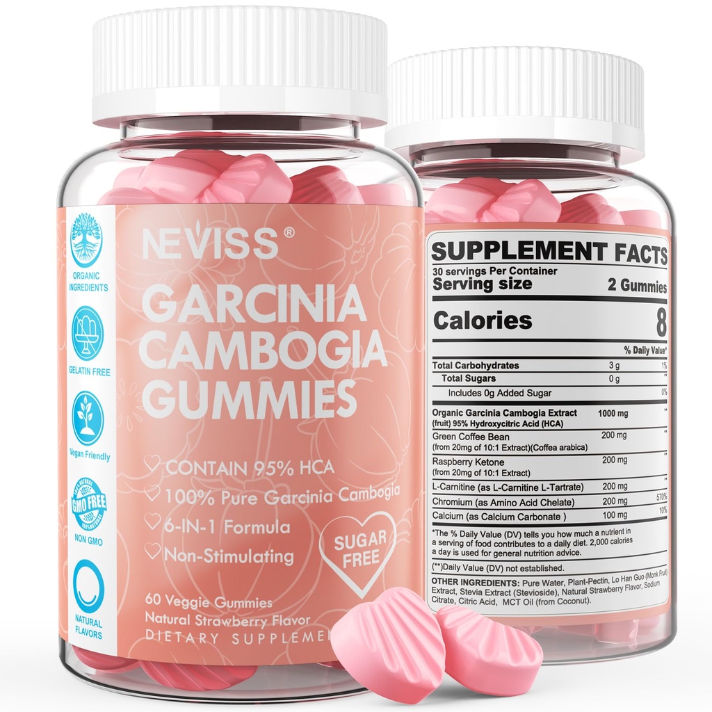 Bez cukru Garcinia Cambogia Gummies 1000mg 95% HCA Pure Extract z L- Carnitine, Malina Keton, Chrom, Zielona Fasola kawa dla metabolizmu, 100% Organic Extract, Wegan, Truskawka Flavor 60 Cts