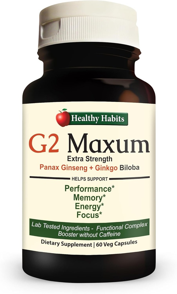Zdrowe siedliska G2 Maxum Extra Siła Panax Ginseng Plus Ginkgo Biloba Mieszane do wsparcia energii i funkcji kognitywnej 60 Kapsułki Veg na butelkę