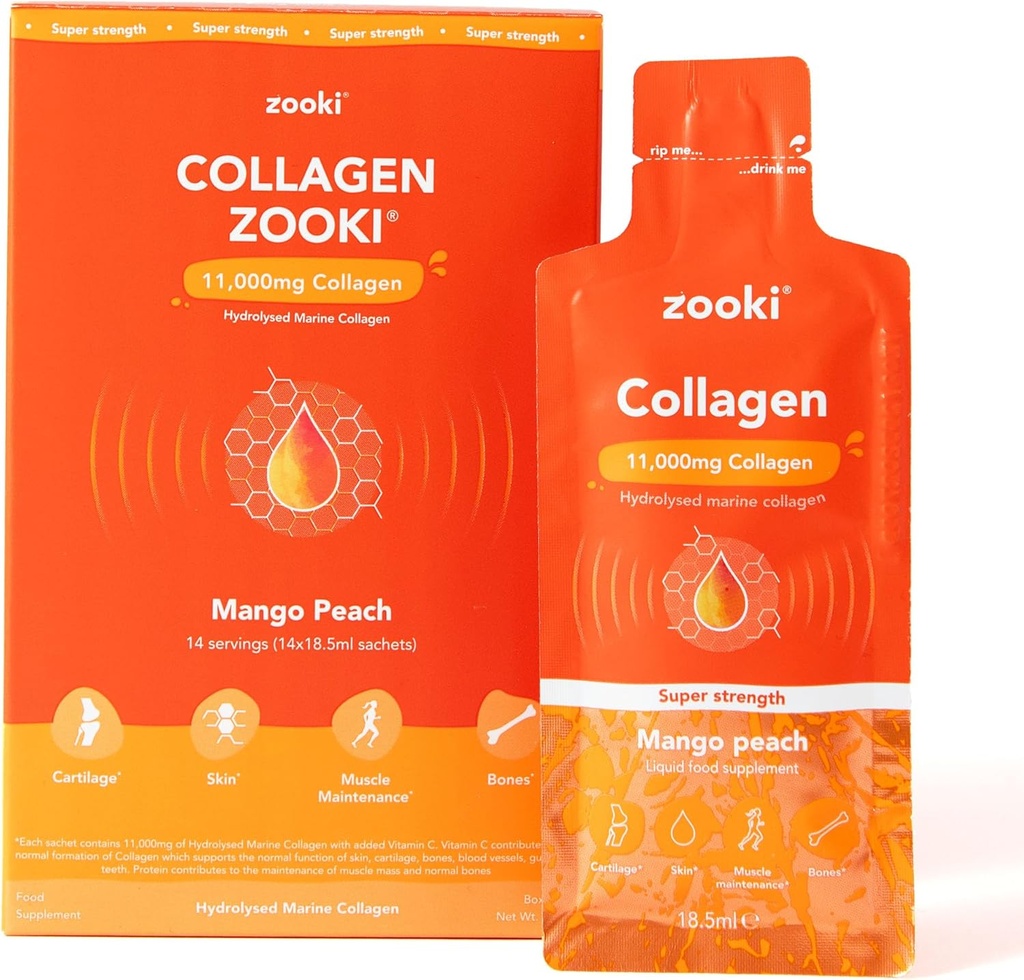Zooki Super Siła Kolagen Marine Liquid Sachets 11,000mg - Wielki smak, cukier wolny - Najwyższa Siła Marine Kolagen Suplementy dla kobiet i mężczyzn - Skóra, Łączniki i włosy (Mango Peach, 14 Sług)