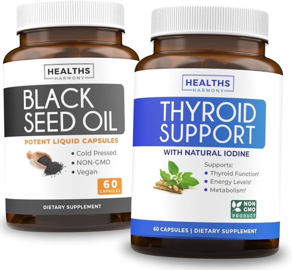 Tyroid Support & Black Seed Oil (1- Month Supply) Black Seed Thyroid Boost - Thyroid Support (60 Capsules) Health Supplement & Black Seed Oil (60 Capsules) Cold- Pressed Nigella Sativa - Non-GMO
