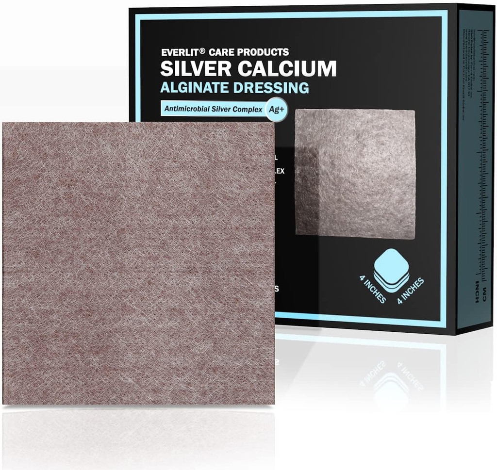 EVERLIT AG Silver Calcium Alginate Wound Dressing | Absorbent Non-Stick Sterile Dressing Pad | Gentle Hemostatic Gauze with Natural Gelling Fiber for Wound Care (4" x 4" | Pack of 10)