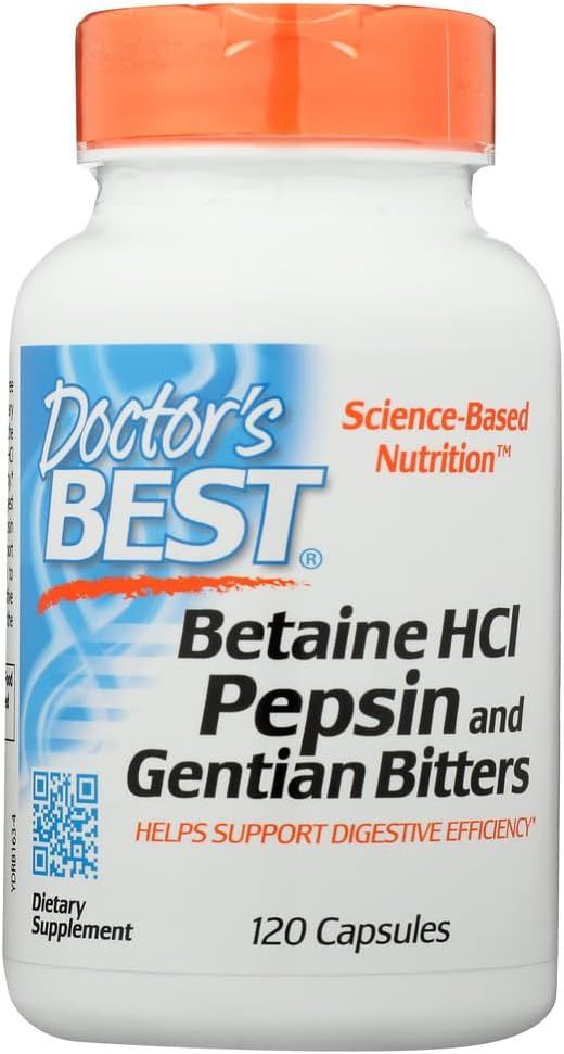 Lekarze Najlepsza Betaine HCL Pepsyna i Bittersy pogańskie, Gluten Free, 120 Kapsułki (Opakowanie po 1)