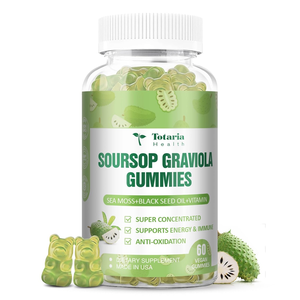 Totaria Sugar Free Soursop Oil Graviola Sea Moss Gummies - Wsparcie Digestive Sleep Skin Health, Immunitet & Przeciwutleniacz - Guanabana Fruit with Sea Moss, 150mg Black Seed Oil Organic Non-GMO Vegan