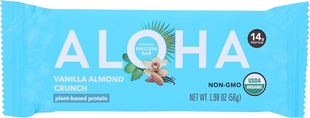 Aloha Organic Vanilla Almond Crunch Protein Bars, 14g Białko oparte na plantacji, USDA Certified Organic, Gluten Free & Non-GMO, 1.9 Oz (Opakowanie 12)
