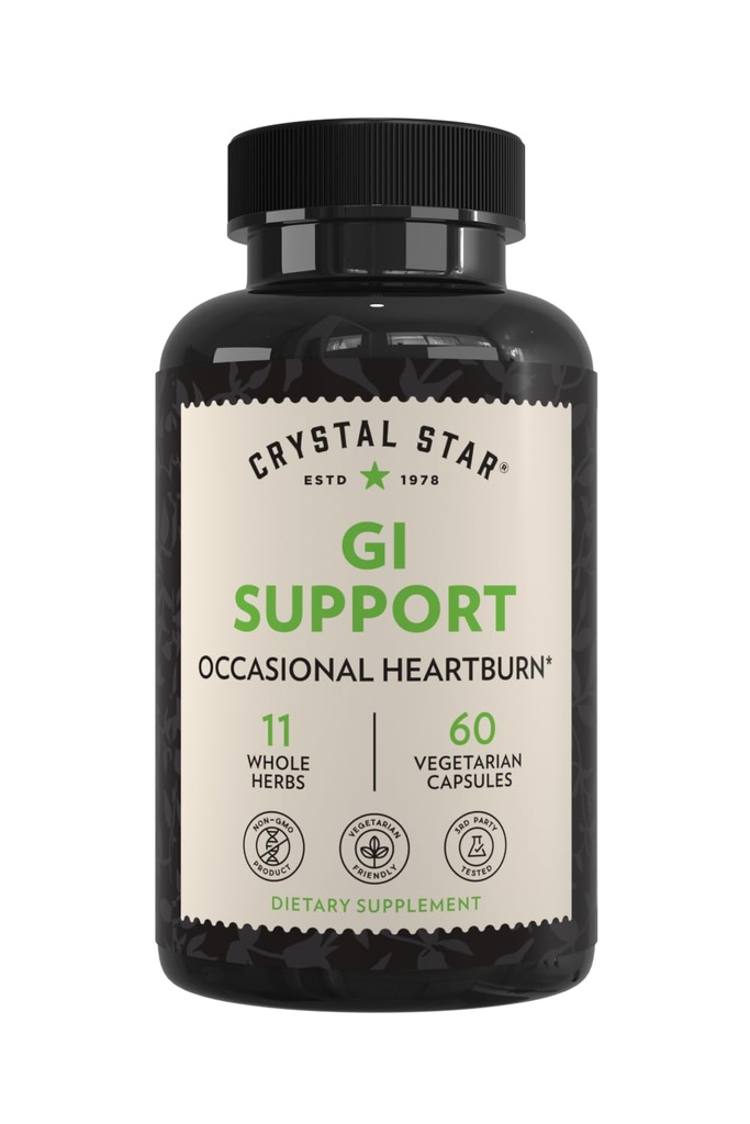 Crystal Star GI Supplement Supplement (60 kapsułek) - Herbal Gut Health Supplement To łagodzi sporadyczne oparzenie serca i wspomaga refluks kwasowy - Ginger, Slippery Elm Bark & Betaine HCL - Non-GMO